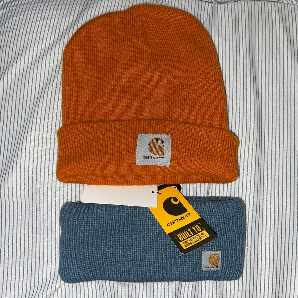 Carhartt A18 Acrylic Watch Cap Beanie (Brite Orange) + Knit Headband (Blue)